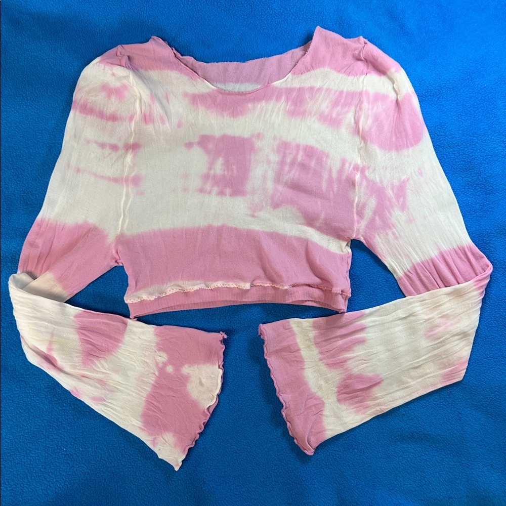 Stocking Sheer Tie Dye Bell Sleeve Midriff Crop Top OKUC Dancewear